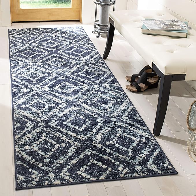 SAFAVIEH Adirondack Collection Runner Rug - 2'6" x 16', Navy & Ivory, Modern Diamond Distressed Design, Non-Shedding & Easy Care, Ideal for High Traffic Areas in Living Room, Bedroom (ADR131N)