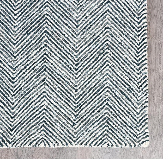 Modern Herringbone Chevron Collection Handcrafted Wool Area Rug - Durable, Zigzag Pattern, for High Traffic, Contemporary Design for Living Room, Bedroom, Dining Room Decor (Denim Blue, 9' x 9'' sq)