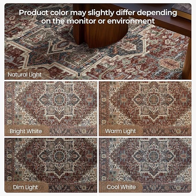 Kokia 8x10 Maroon Area Rugs with Vintage Orient Design, Soft Washable Rug for Living Room or Bedroom, Non-Slip Low Pile Stain Resistance Features, Medallion Pattern