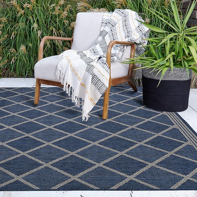 FH Home Flat Woven Outdoor Rug - Waterproof, Easy to Clean, Stain Resistant - Premium Polypropylene Yarn - Moroccan Geo Lattice - Patio,Deck,Porch,Balcony,Laundry - Tunis - Blue - 3ft 11 in x 5ft 6in