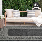 FH Home Flat Woven Outdoor Rug - Waterproof, Easy to Clean, Stain Resistant - Premium Polypropylene Yarn - Bordered Moroccan - Patio, Porch, Deck, Balcony - Accra - Charcoal - 5ft 2in x 7ft 6in