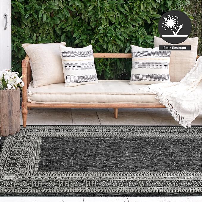 FH Home Flat Woven Outdoor Rug - Waterproof, Easy to Clean, Stain resistant - Premium Polypropylene Yarn - Bordered Moroccan - Patio, Deck,Porch,Balcony,Laundry - Accra - Charcoal - 3ft 11in x 5ft 6in