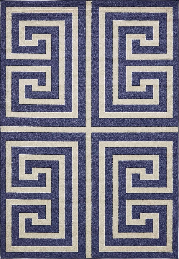 Unique Loom Athens Collection Classic Geometric Modern Border Design Area Rug (8' 0 x 11' 4 Rectangular, Navy Blue/ Beige)