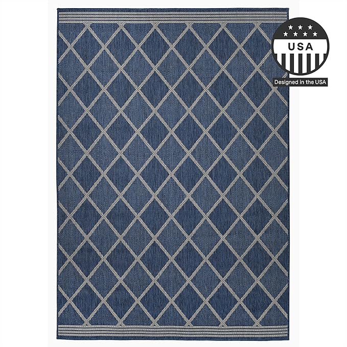FH Home Flat Woven Outdoor Rug - Waterproof, Easy to Clean, Stain resistant - Premium Polypropylene Yarn - Moroccan Geometric Lattice - Large Patio, Deck, Sunroom - Tunis - Blue - 7ft 10 in x 10ft 9in