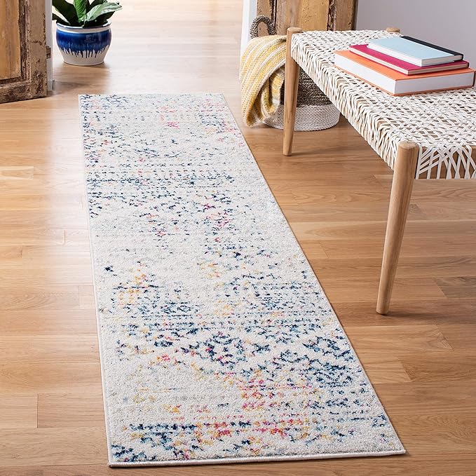 SAFAVIEH Tulum Collection Runner Rug - 2' x 11', Ivory & Blue, Moroccan Boho Tribal Design, Non-Shedding & Easy to Clean, Ideal for Living Room, Hallway, Foyer, Entryway, Bedroom (TUL272C)