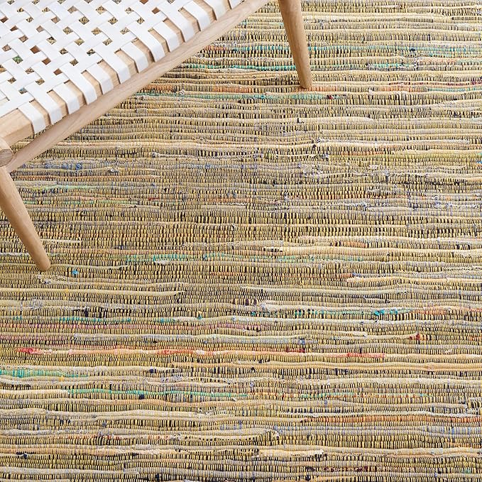 SAFAVIEH Rag Rug Collection Area Rug - 6' Square, Yellow & Multi, Handmade Boho Stripe Cotton, Ideal for High Traffic Areas in Living Room, Bedroom (RAR121H)