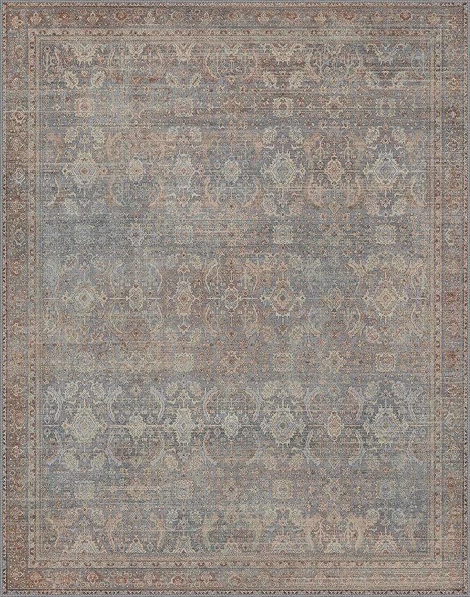 8x10 Area Rug Machine Washable Boho Rug for Living Room,Ultra-Thin Low Pile Carpet,Lightweight Indoor Printed Rug,Non Slip Floral Area Rug for Bedroom, Dining Room, Home Office,Grayish Blue