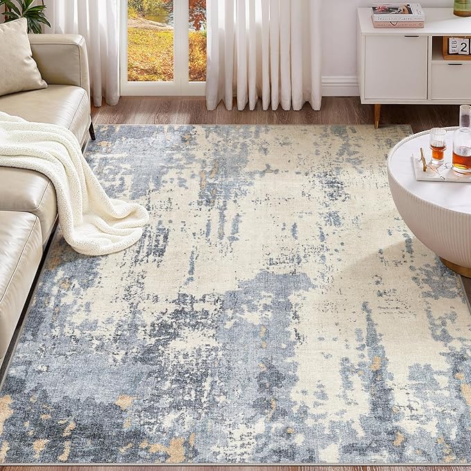 7x9 Area Rug Living Room Rugs - Washable Neutral Modern Abstract Soft Thin Rug Indoor Floor No Slip Rug Carpet for Bedroom Under Dining Table Home Office Decor - Blue/Light Brown
