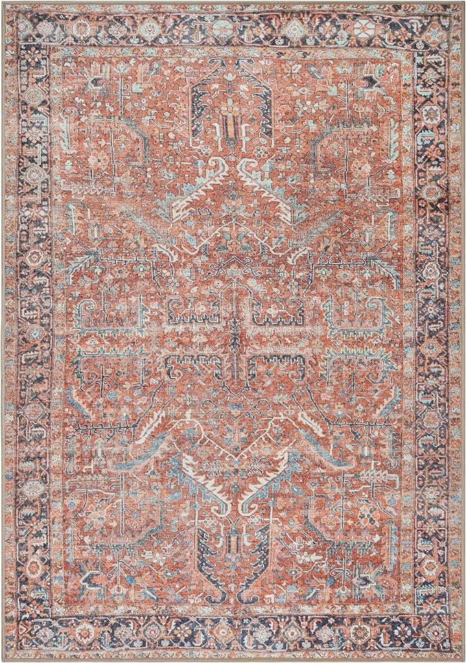 GLN Rugs Traditional Collection - Machine Washable Area Rug, Traditional Washable, Non Slip, Low Pile Chenille Rug, Living Room, Bedroom, Kitchen Rug (8' x 10' Terra/Multicolor 1168)