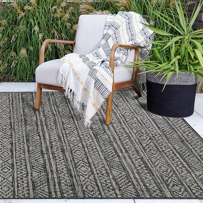 FH Home Outdoor Rug - Waterproof Easy to Clean Stain Resistant - Patio Indoor Outdoor Porch Deck Balcony Entryway - Striped Boho - Amman - Charcoal - 6' x 9'