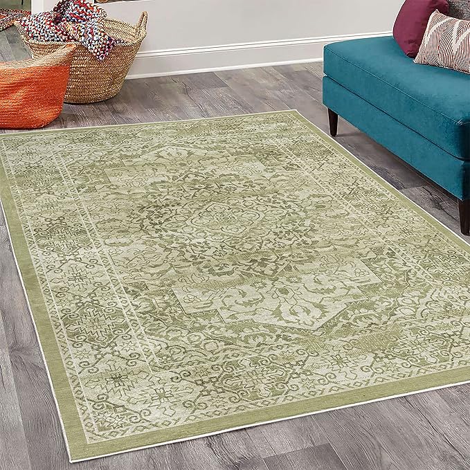 Ambesonne Victorian Decorative Rug, Floral Swirls Weathered Look Blooming Vintage Style Leaves Illustration, Quality Carpet for Bedroom Dorm and Living Room, 4' X 5' 5", Khaki Olive Green