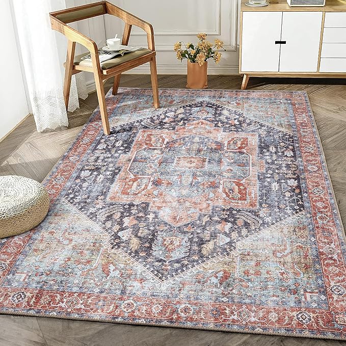 Bloom Rugs Washable Non-Slip 5' x 7' Rug - Terracotta/Blue Traditional Medallion Area Rug for Living Room, Bedroom, Dining Room, and Kitchen - Exact Size: 5' x 7'