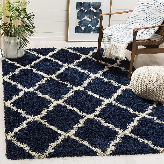 SAFAVIEH Dallas Shag Collection Area Rug - 6' x 9', Navy & Ivory, Trellis Design, Non-Shedding & Easy Care, 1.5-inch Thick Ideal for High Traffic Areas in Living Room, Bedroom (SGD257N)