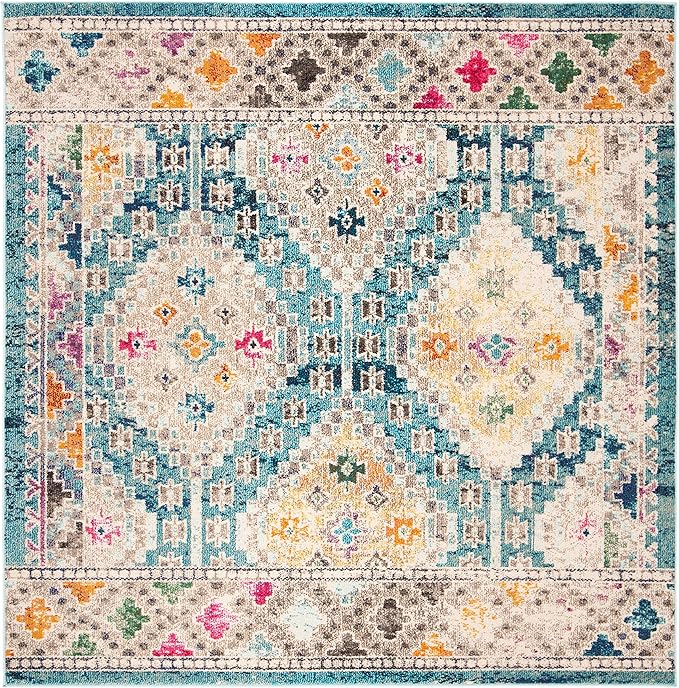 SAFAVIEH Madison Collection Area Rug - 6'7" Square, Dark Blue & Yellow, Boho Diamond Distressed Design, Non-Shedding & Easy Care, Ideal for High Traffic Areas in Living Room, Bedroom (MAD418N)