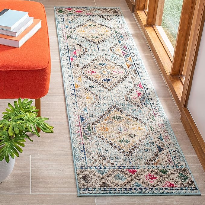 SAFAVIEH Madison Collection Runner Rug - 2'2" x 10', Blue & Yellow, Boho Diamond Distressed Design, Non-Shedding & Easy Care, Ideal for High Traffic Areas in Living Room, Bedroom (MAD418K)