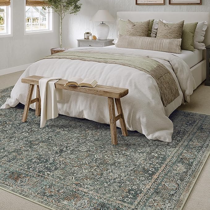 Area Rug 8x10 Gray Living Room Washable Vintage Carpet Non Slip Indoor Retro Traditional Grey Accent Throw Large Rug for Office Bedroom Dining Room Playroom