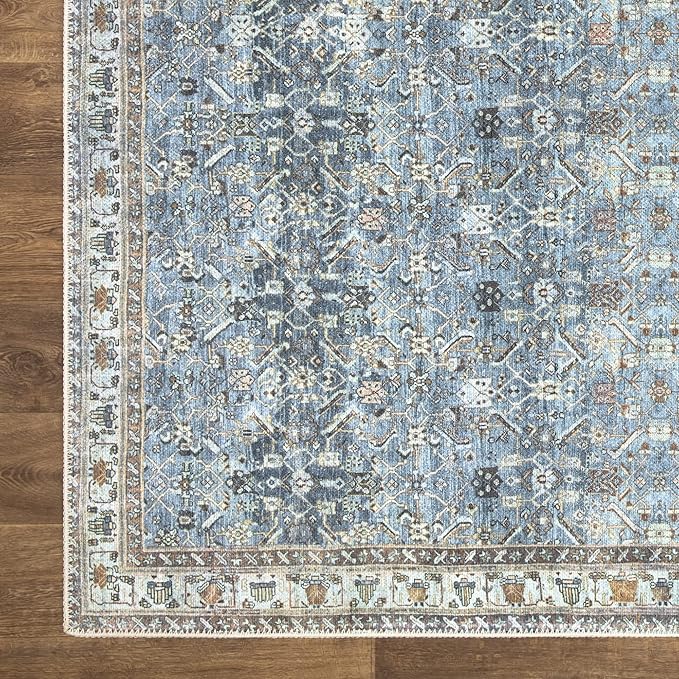 Bloom Rugs Washable Non-Slip 10 ft Runner - Blue/Beige Traditional Runner for Entryway, Hallway, Bathroom, and Kitchen - Exact Size: 2.5' x 10'
