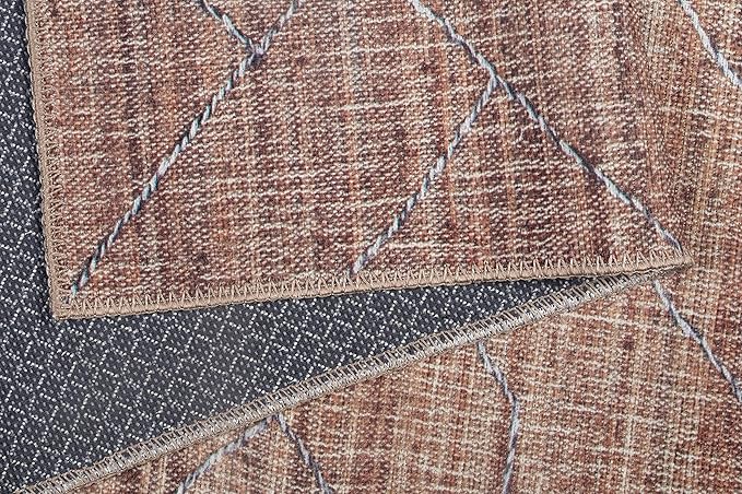 GLN Rugs Contemporary Collection - Machine Washable Area Rug, Contemporary Washable, Non Slip, Low Pile Chenille Rug, Living Room, Bedroom, Kitchen Rug (3' x 5' Terra/Brown)