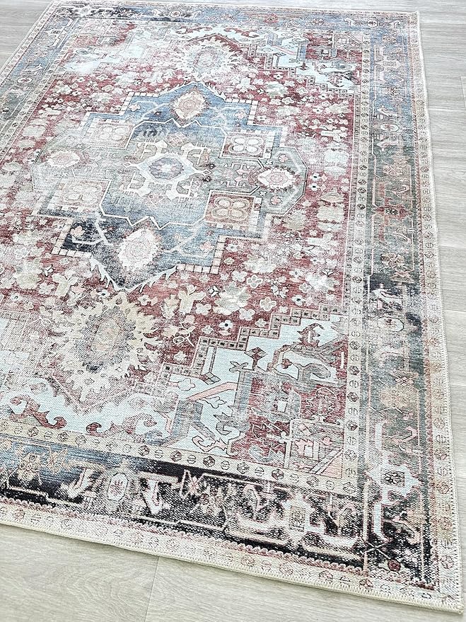 Fame Living Faded Oushak Rug, Turkish Vintage Floral Pastel Large Oversized Area Rugs for Living Room Dining Bedroom Kitchen Bathroom Nursery (848CrNv, 2' x 3')