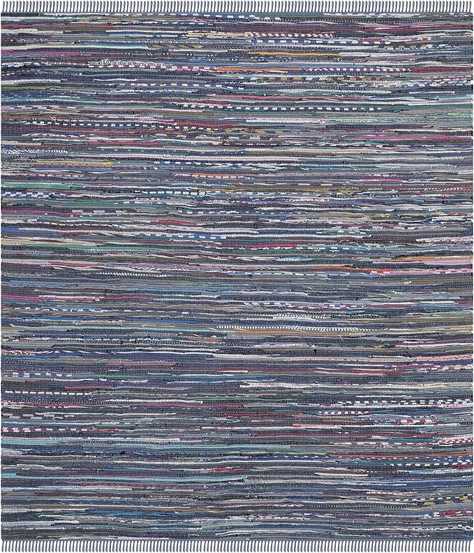 SAFAVIEH Rag Rug Collection Area Rug - 4' Square, Purple & Multi, Handmade Boho Stripe Cotton, Ideal for High Traffic Areas in Living Room, Bedroom (RAR121D)