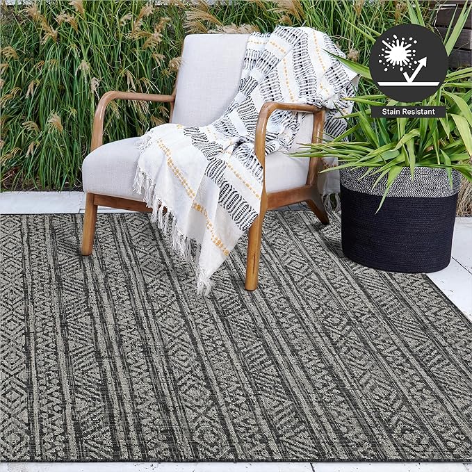FH Home Flat Woven Outdoor Rug - Waterproof, Easy to Clean, Stain Resistant - Premium Polypropylene Yarn - Striped Boho - Large Patio, Deck, Sunroom - Amman - Charcoal - 7ft 10in x 10ft 9in