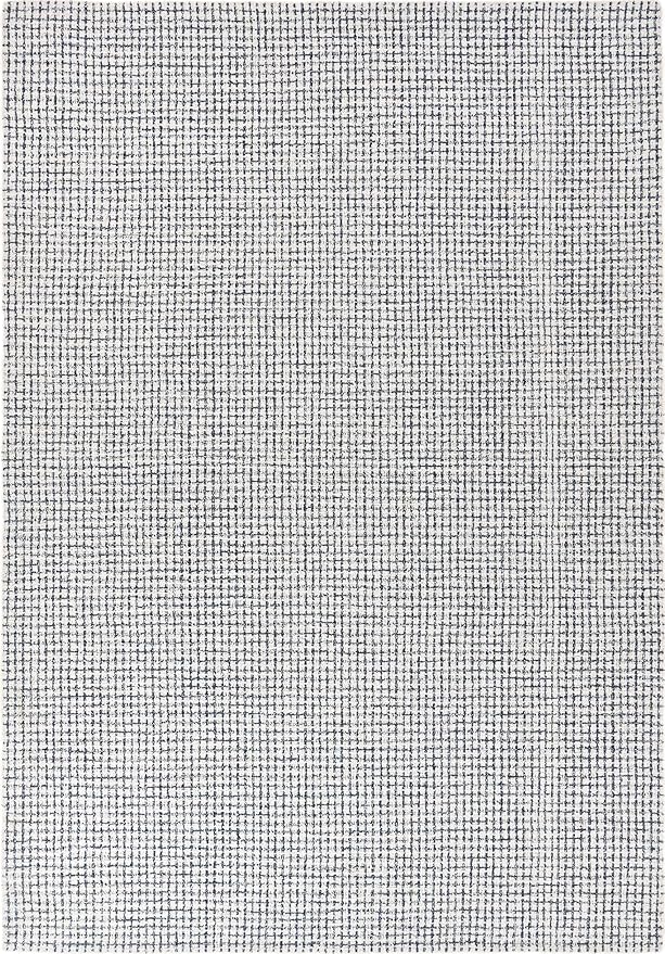 Hand-Tufted 100% Wool Pile Area Rug – Geometric Textured Grid Check Pattern – Thick and Durable Floor Carpet for Bedroom, Living Room, Kids Room, and Dining Area (Ivory, Denim, 10' Round)