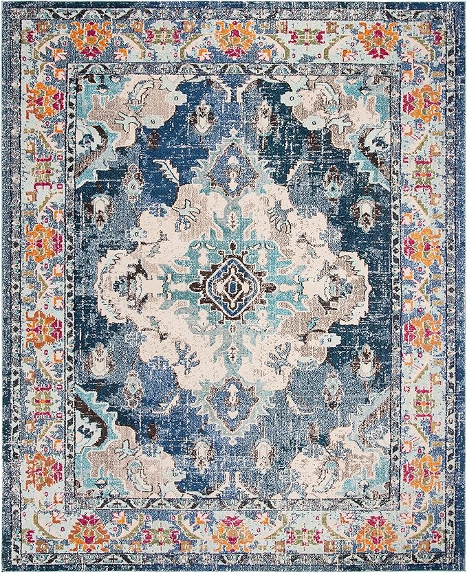 SAFAVIEH Monaco Collection Area Rug - 6'7" x 9'2", Navy & Light Blue, Boho Chic Medallion Distressed Design, Non-Shedding & Easy Care, Ideal for High Traffic Areas in Living Room, Bedroom (MNC243N)