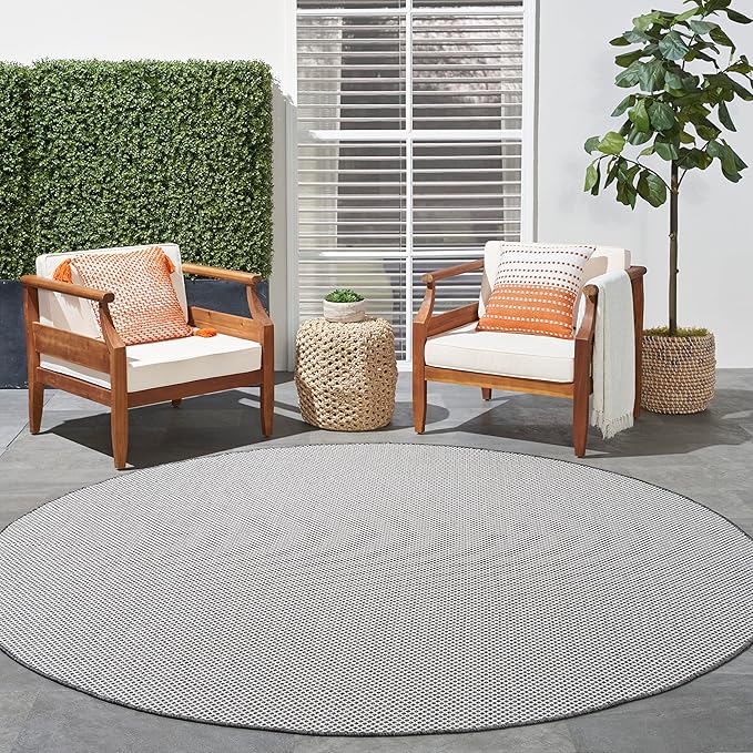 Nourison Home Courtyard Ivory Charcoal 8' x Round Area Rug - Easy Clean, Non Shedding, Bed Room, Living Room, Dining Room, Kitchen (8' x Round)