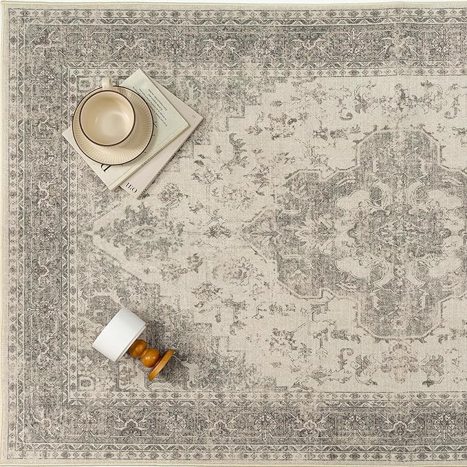 6x9 Washable Area Rug Beige Grey Vintage Distressed Large Rug for Living Room Oriental Soft Thin Indoor Retro Gray Carpet Non Slip Low Pile Floor Cover for Bedroom Dining Room Office Nursery