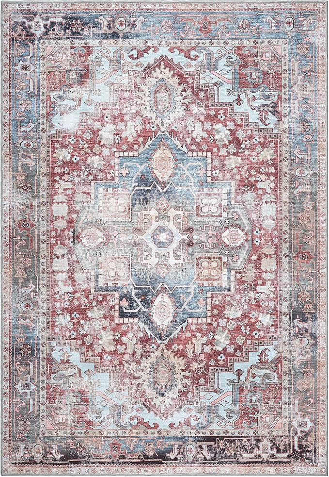 Washable Area Rug. Modern Farmhouse. Vintage. Turkish. Bohemian. Distressed. Oriental. Traditional. Rugs for Living Room. Dining. Bedroom. Office. Entryway. Foyer. (858RM, 9'5" x 14')