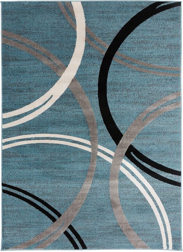 Rugshop Modern Wavy Circles Design Area Rug, Fade-Resistant Carpet for Living Room, Bedroom, or Dining Room, Blue, 5'3" x 7'3"