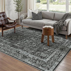 Dark Black Area Rug 6x9 Machine Washable Vintage Living Room Distressed Non Slip Carpet Traditional Indoor Bedroom Retro Floral Accent Throw Large Rug for Office Kitchen Dining Room