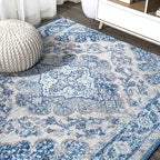JONATHAN Y Boho Vintage Cream/Blue 5x5 Square Area Rug, Bohemian Flair Medallion, Floral Easy-Cleaning High Traffic for Living Room, Bedroom, Kitchen, Pet-Friendly, Non Shedding (BMF106AB-5SQ)