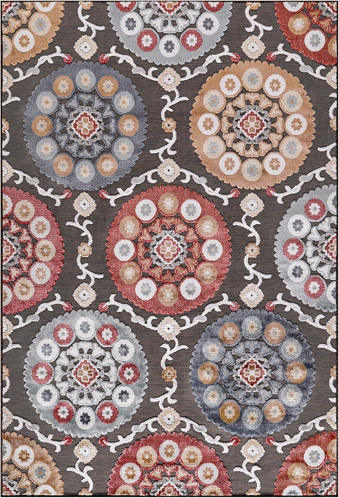 CAMILSON Indoor Outdoor Rug 10x14 Bohemian Medallion Floral Area Rugs for Indoor and Outdoor Patios Easy-Cleaning Non-Shedding Living Room Garden and Kitchen Washable Outside Carpet (10 x 14 / Brown)