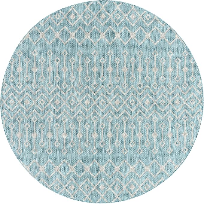 Unique Loom Outdoor Trellis Collection Area Rug - Tribal Trellis (7' 10" Round, Aqua/ Ivory)