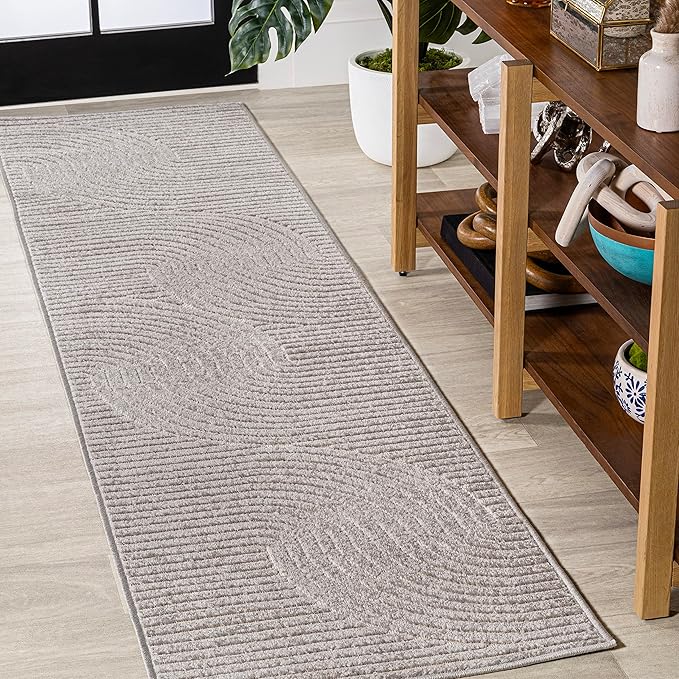 JONATHAN Y Hallie High-Low Curve Gray/Ivory Indoor/Outdoor Runner Rug, 2x8, Minimalist, Pet Friendly, Non-Shedding, Stain Resistant, Hose-Washable for Backyard, Patio, Porch (SCN100A-28)
