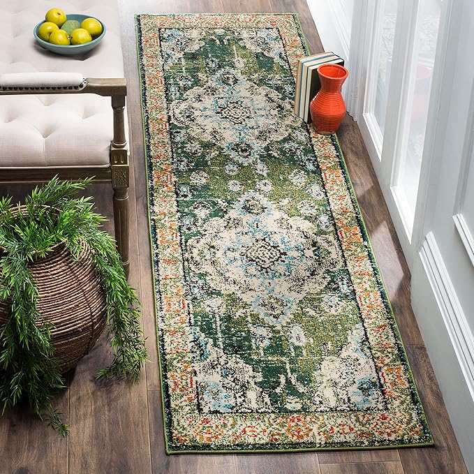 SAFAVIEH Monaco Collection 2'2" x 22' Forest GreenLight Blue MNC243F Boho Chic Medallion Distressed Non-Shedding Living Room Bedroom Runner Rug