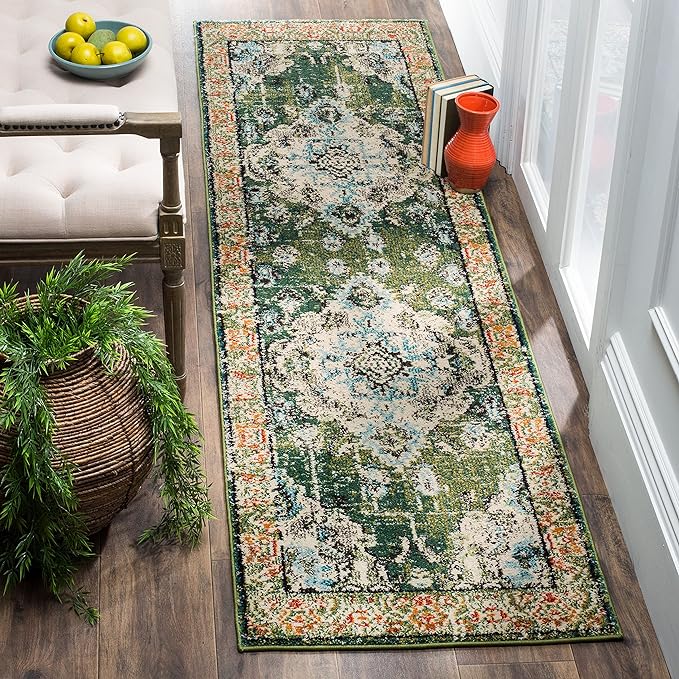 SAFAVIEH Monaco Collection Runner Rug - 2'2" x 6', Forest Green & Light Blue, Medallion Distressed Design, Non-Shedding & Easy Care, Ideal for High Traffic Areas in Living Room, Bedroom (MNC243F)
