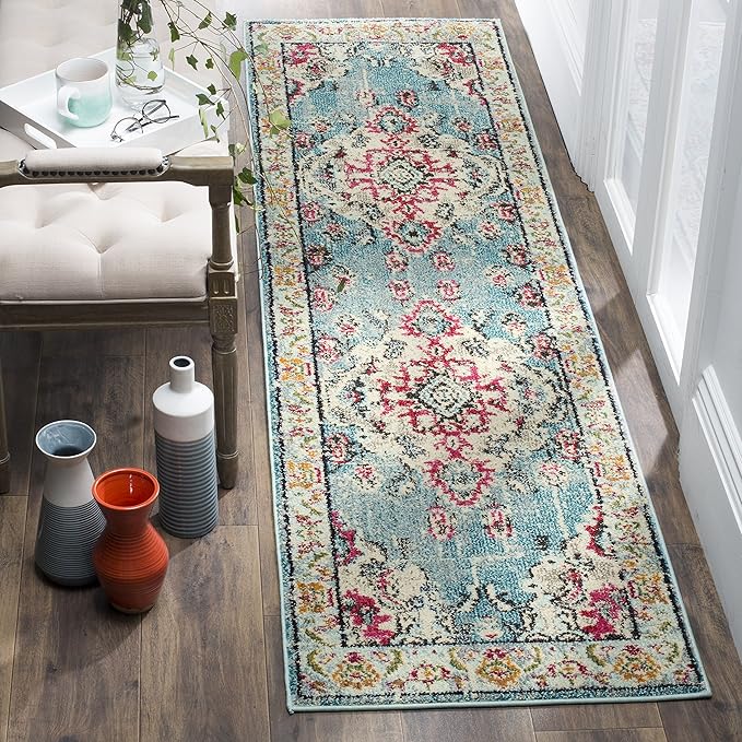 SAFAVIEH Monaco Collection Runner Rug - 2'2" x 6', Light Blue & Fuchsia, Boho Chic Medallion Distressed Design, Non-Shedding & Easy Care, Ideal for High Traffic Areas in Living Room, Bedroom (MNC243J)