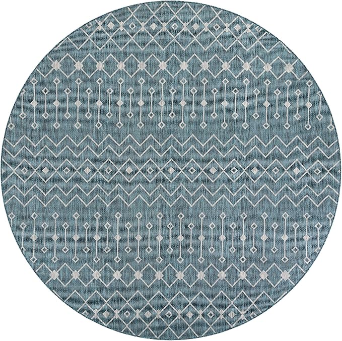 Unique Loom Outdoor Trellis Collection Area Rug - Tribal Trellis (10' Round Teal/Ivory)