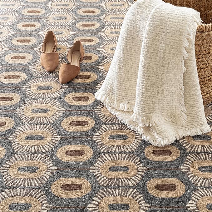 Dash & Albert Stowe Hand Micro Hooked Wool Rug, 3 X 5 Feet, Blue/Browns Geometric Pattern