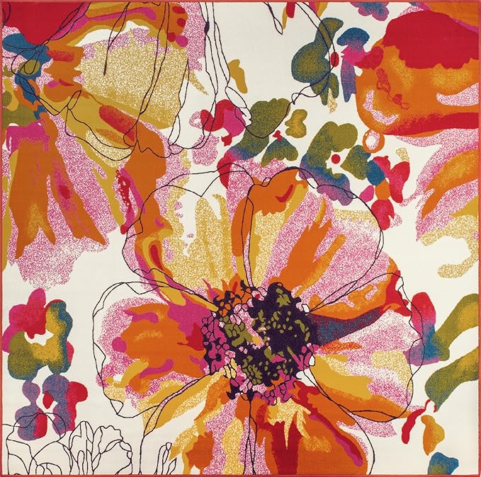 Rugshop Multi Bright Flowers Non Slip Non-Shedding Square Area Rug for Dining Room, Living Room and Bedroom, 6'6" x 6'6"