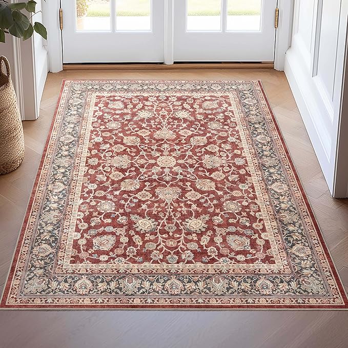 Well Woven Asha Rome Red 3'3" x 5' Area Rug - Oriental Floral Pattern, Easy Clean, Floor-Friendly Backing - for Living Room, Bedroom, and Dining Room