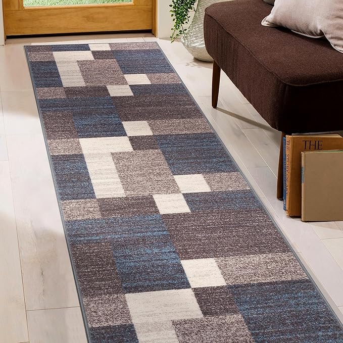 Rugshop Contemporary Blue Geometric Boxes Non-Slip Area Rug Non-Shedding for Living Room, Dining Room and Office, 2" x 7" (22" X 84")