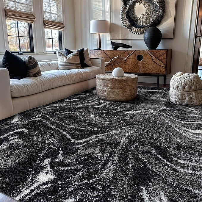 Rugshop Abstract Marble Shag Area Rug Anthracite Dark Gray 7' 10" x 10' Perfect for Large Living Rooms, Dining Areas, or Master Bedrooms