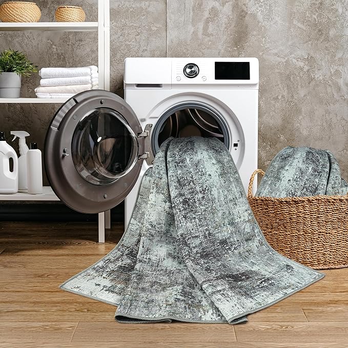 GLN Rugs Contemporary Collection - Machine Washable Area Rug, Contemporary Washable, Non Slip, Low Pile Chenille Rug, Living Room, Bedroom, Kitchen Rug (5'3" Round Grey/Green)