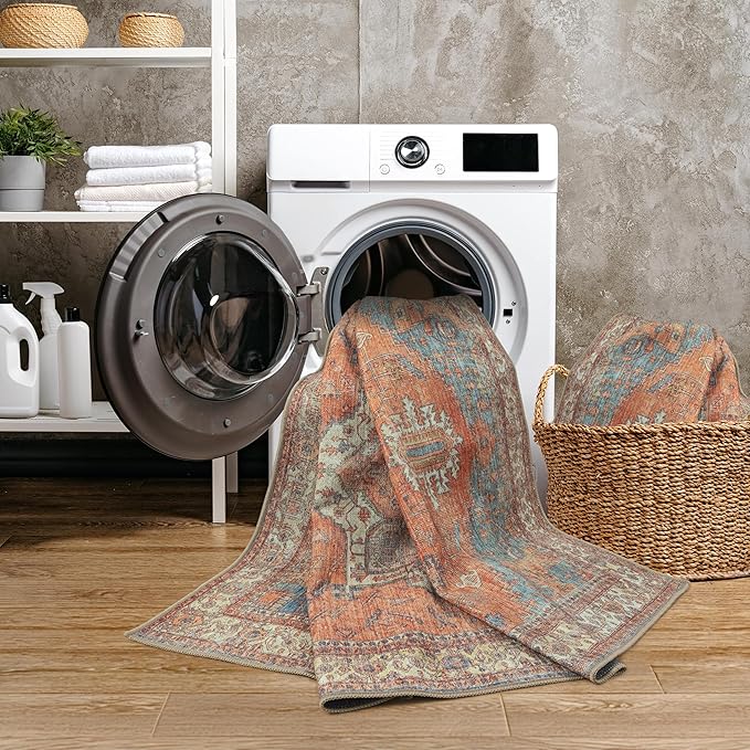 GLN Rugs Traditional Collection - Machine Washable Area Rug, Traditional Washable, Non Slip, Low Pile Chenille Rug, Living Room, Bedroom, Kitchen Rug (6' x 9' Terra/Multicolor)