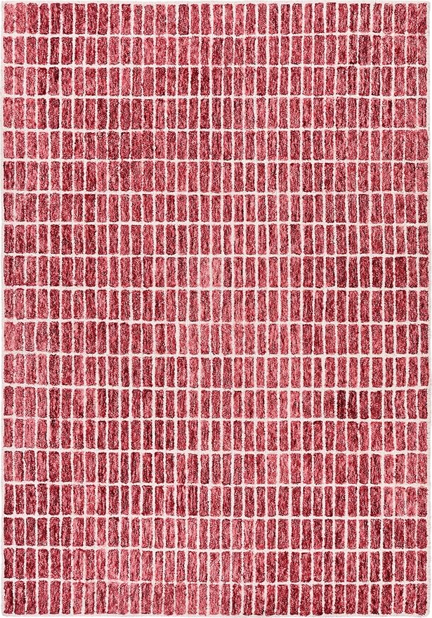 Hand-Tufted 100% Wool Area Rug – Unique Modern Geometric Grid Pattern, Soft Plush Textured Carpet for Living Room, Bedroom, Dining Room & Entryway (Brick Red, 9' x 9' sq)