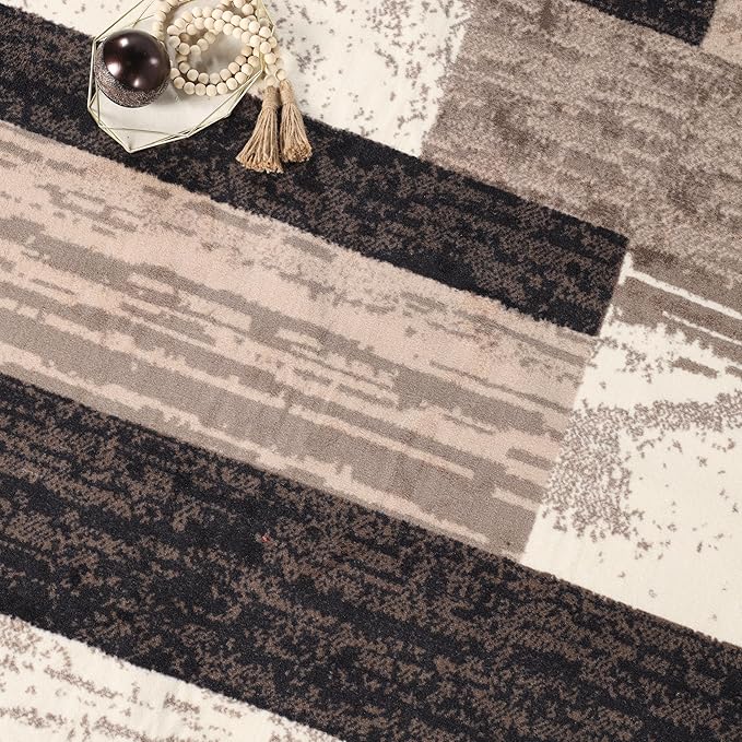 Superior Indoor Area Rug, Plush Carpet Cover, for Kids or Pets, Hallway, Entryway, Living Room, Dining, Bedroom, Office, Kitchen, Modern Geometric Patchwork, Rockwood Collection, 12' x 18', Chocolate