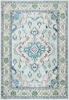 SAFAVIEH Monaco Collection Area Rug - 6'7" x 9'2", Light Blue & Ivory, Boho Chic Medallion Distressed Design, Non-Shedding & Easy Care, Ideal for High Traffic Areas in Living Room, Bedroom (MNC243K)